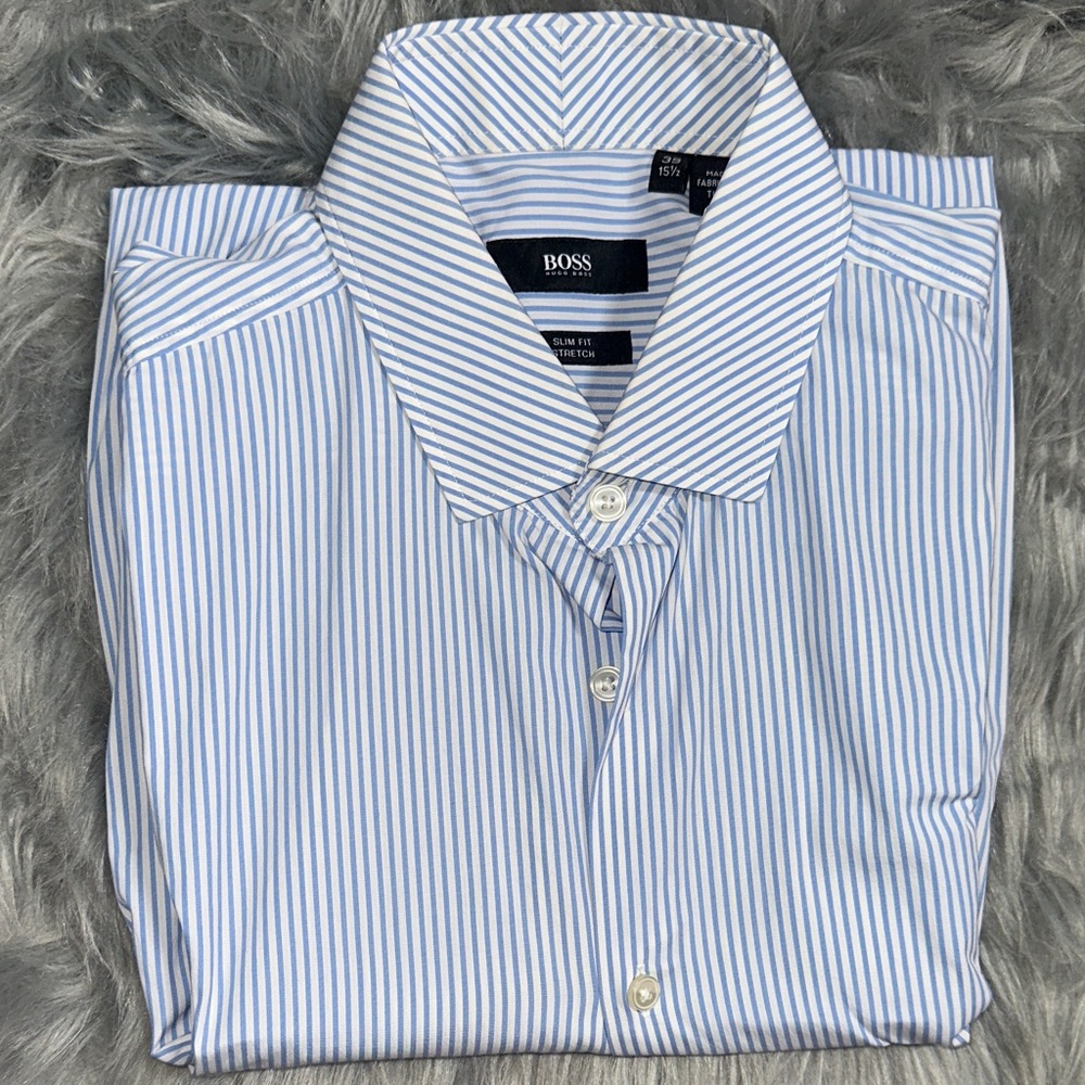 Boss Men's Light Blue Pinstripe Dress Shirt